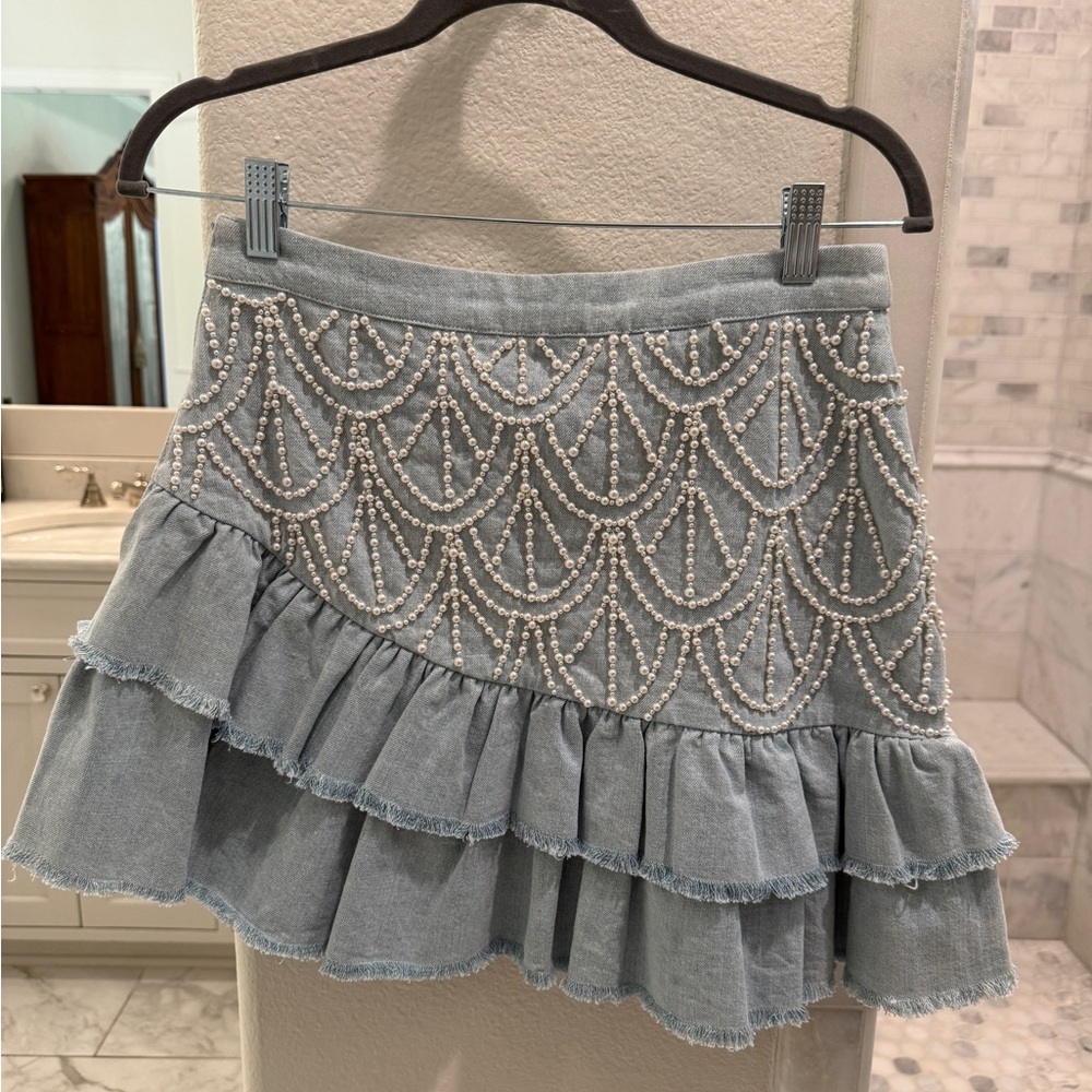 LoveShackFancy light blue denim Embellished A-Line Mini Skirt - Picture 5 of 8